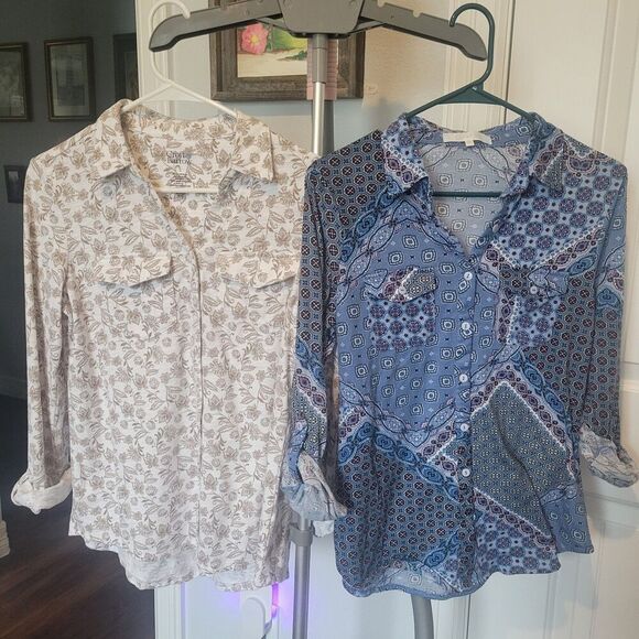Womens tops set of 2 soft roll tab sleeves with collar v-neck cotton poly size s - Picture 1 of 16